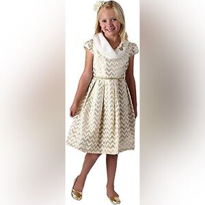 Jona Michelle Girls' Party Formal Dress - Ivory Gold with faux fur collar